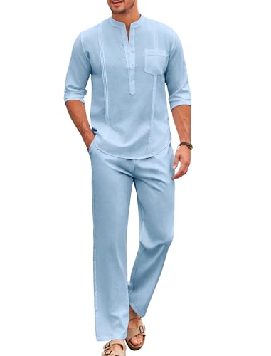 COOFANDY Men 2 Piece Linen Outfit Casual Button Down Henley Shirts Beach Yoga Pants Sets Guayabera Linen Suit