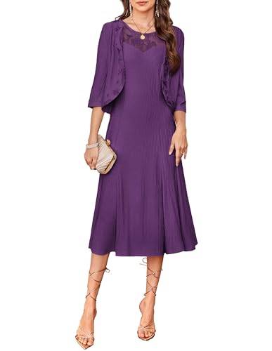 Purple Dress for Women 2025 Knitted Lace Crew Neck Aline Dress with Long Sleeve Jacket L
