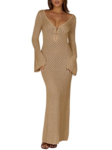 Saodimallsu Womens Crochet Maxi Cover Up Dress Beach Swim Vacation Coverups Long Sleeve Sexy Bodycon Summer Knit Dresses Khaki