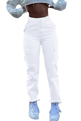 SESERAGI Women's Skinny Cargo Pants Fitted White Stretch Pants Women Pantalones Flojos para Mujer De Moda White M