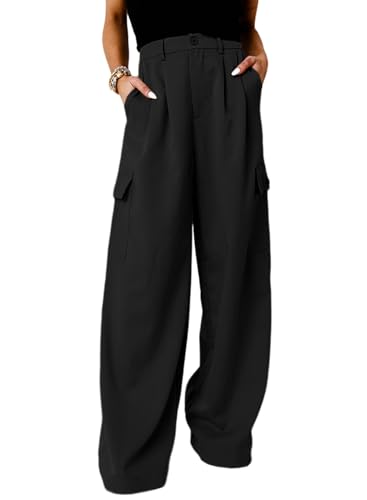 Dokotoo Black Work Cargo Pants Women for Baggy 2024 Fall Outfits Fashion High Waisted Trousers Wide Leg Dress Pants Slacks Women Casual Women's Pants Womens Clothes Clothing Teacher with Pockets