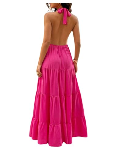 Milumia Women's Open Back Halter Dress Deep V Neck Sleeveless Layered Ruffle Maxi Dresses Hot Pink Small