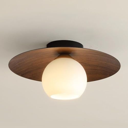 Japanese Round Walnut Wood Grain Semi-flush Mount Ceiling Lights, Modern Simple White Ball Glass Ceiling Lights, Nordic Vintage Hallway Ceiling Lamp for Entrance Porch Balcony(A)