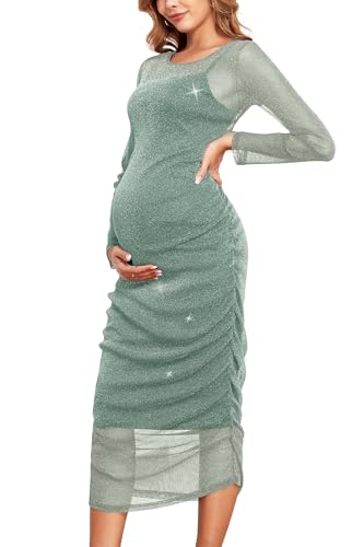 CYCLAMEN 2024 Maternity Mesh Dress Ruched Side Round Neck Pregnancy Dresses Baby Shower Wedding Guest Cocktail Party, Sparkly Sage Green, S