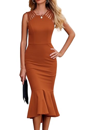 PRETTYGARDEN Women's Elegant Midi Bodycon Dress Sleeveless Backless Ruffle Hem Mermaid Formal Cocktail Wedding Guest Dresses (Brown,Large)