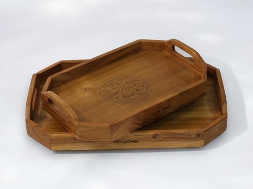 Vesta Homes Set of 2 Zak Acacia Wood Rectangular Serving Tray for Home/Kitchen/Restaurant/Office Organizer/Dining Table|Premium Wooden Trays|48 X 33 ; 40 x 27 cm | Handcrafted in India