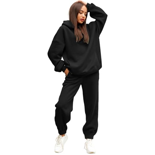 Women's Solid Color Korean Style Fashion Hooded Sweatshirt And Pants Set 2 Piece Outfit Womens Wedding Attire (Black, L)