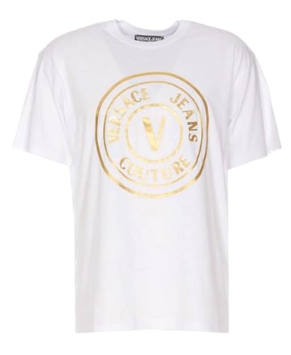 Versace Jeans Couture Men's White Gold Metallic Logo Short Sleeve T-Shirt (as1, Alpha, 2X, Regular, Regular, XXL)