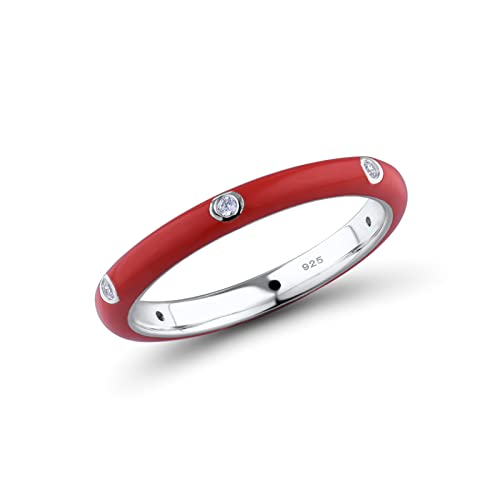 Santuzza Stackable Enamel Ring 925 Sterling Silver Stacking Cubic Zirconia Eternity Colorful Rainbow Band Rings (Small, Red, 6)
