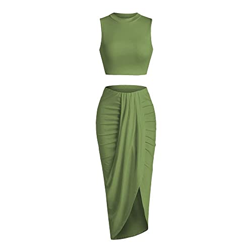 ZAFUL Women's Solid Marled Crop Top and Draped Ruched Maxi Skirt Set Two Piece Dress (B-Green, M)