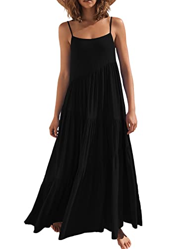 ANRABESS Women Summer Casual Loose Sleeveless Sundress Spaghetti Strap Flowy Boho Linen Beach Vacation Maxi Long Dress Black Large