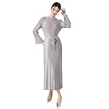 NOVA Vogue New Advanced Elegant European and American Metallic French lace Miyake Style Wooden Ear Edge Pleated Long Dress (Grey)