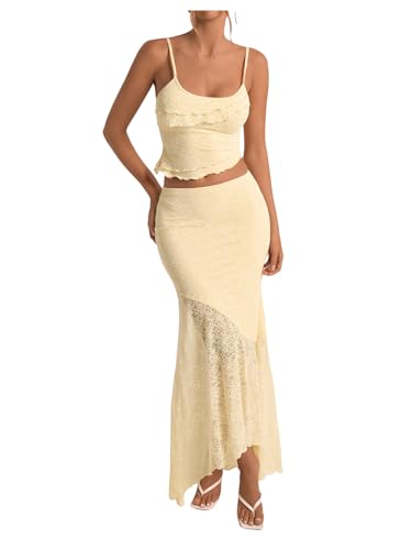 Milumia Women's 2 Piece Outfits Ruffle Trim Cami Crop Top and Low Rise Maxi Skirt Set Apricot Large