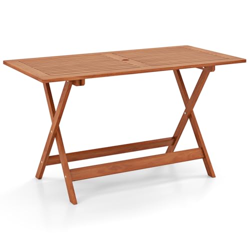 CLEEMAN Folding Outdoor Dining Table, Solid Wood Long Outdoor Tables with 2" Umbrella Hole, Foldable Patio Table for Porch Balcony Deck Garden Yard, Teak Oil Finish