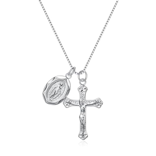 Rnivida 925 Sterling Silver Catholic Crucifix Cross and Miraculous Medal Pendant Necklace for Women (18 inches, Silver)