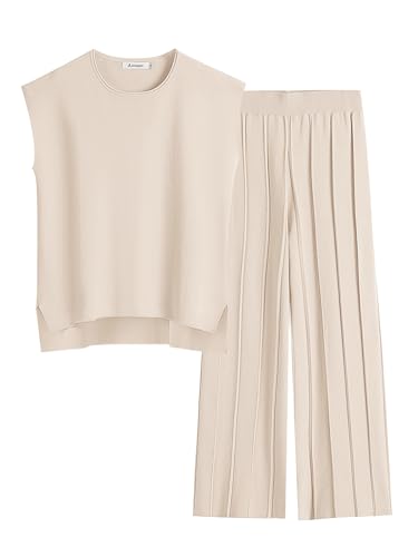 ANRABESS Women 2 Piece Lounge Sets Summer Casual Knit Sweater Vest Pant Set Beach Vacation Airport Outfits Clothes Apricot Medium