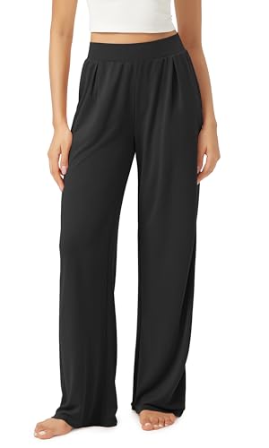 ODODOS Drapey Soft Wide Leg Pants for Women High Waist Casual Relaxed Lounge Pants with Pockets-29 Inseam, Black, Medium