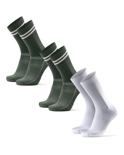 DANISH ENDURANCE Cycling Socks, Crew Length, Breathable, Cushioned, Biking Socks for Men & Women, 3 & 5-Pack, Multicolor (2xOlive/Stripes, 1xWhite/Black), Large