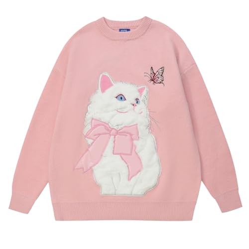 Aelfric Eden Crewneck Sweater Cat Applique Embroidery Sweater Vintage Oversized Sweater