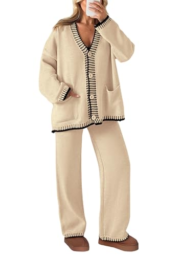 PRETTYGARDEN Lounge Sets for Women Fall 2025 Loungewear 2 Piece Outfits Cardigan Sweaters Track Suit Matching Winter Clothing (Beige,Large)