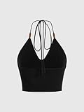 Verdusa Women's Crop Halter Tops Y2k Goth Clothes Crochet Cami Sleeveless Tie Backless Boho Knit Top Camisole Black Medium