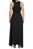 Velius Women Sexy Hollow Out Halter Wrap Sleeveless Plain Pleated Slit Casual Long Maxi Dress (Large, Black)