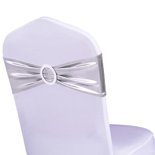 WENSINL Pack of 100 Wedding Silver Chair Sashes, Elastic Chairs Bands with Buckle Slider, Chair Bows for Wedding Decorations, Without Chairs Covers (Metallic Silver)