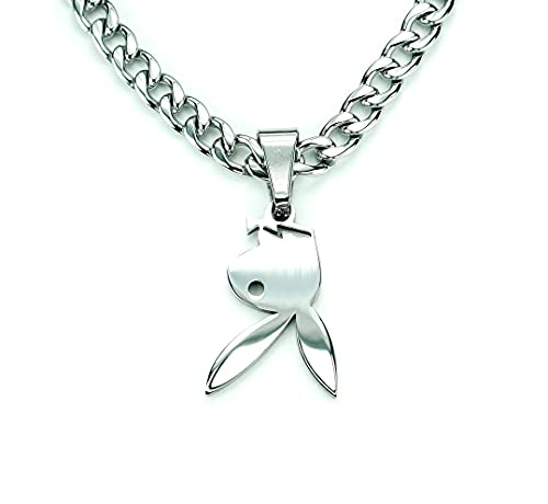 Ann Claridge Upside Down Playboy Bunny Necklace, on Cuban Chain, 6mm Wide, Pure 304 Stainless Steel, Playboy Rabbit Tattoo Charm Pendant