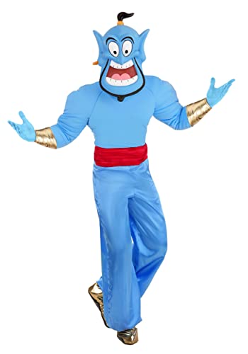 Adult Disney Aladdin Genie Costume | Mens Classic Animated Blue Genie of the Lamp Halloween Outfit with Character Mask Large