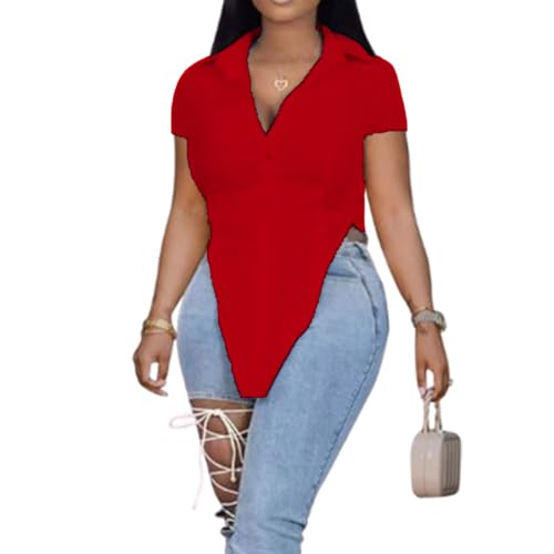 qfmqkpi Short Sleeve Shirts for Women Button Up Irregular Side Split Hem Tunic Blouse Top Red S