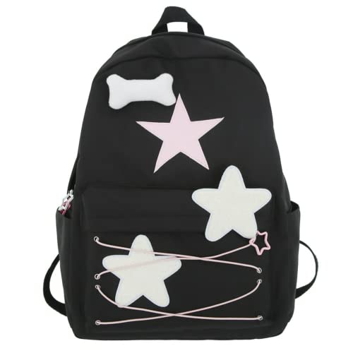 MININAI Preppy Backpack Cute Stars Pattern Korean Style Backpack Aesthetic College Book Bag for Work Travel (One Size,Black)