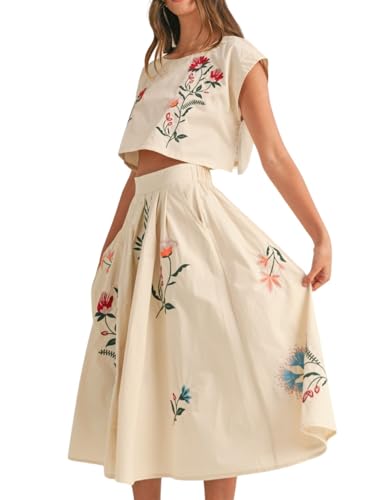 Yinawsky Women Floral Embroidery Dress Sleeveless 2 Piece Tank Top and Skirt Loose Fit Boho Dress(0324-White-M)
