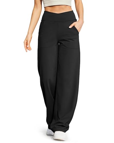 G4Free Sweatpants Women Dress Pants with Pockets Wide Leg Yoga Pant High Waist Stretch Lounge Pants for Casual Work(Black,XXL,29")
