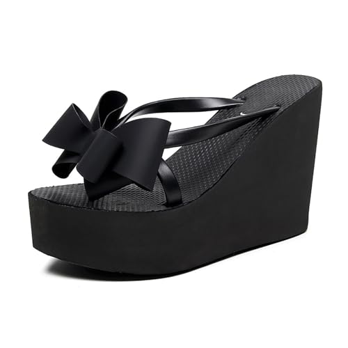 Forevercan Women'S Bow Lace-Up Platform Wedge Flip Flops Fashion Round Peep Toe Slip-On Platform Flip Flops Summer Casual Beach Parties Sandals (Black,9)