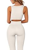 QINSEN Women's Sexy Yoga Sports Bra Ribbed Seamless Bodycon Exercise Leggings Sets 2 Piece Outfits 02 Beige L