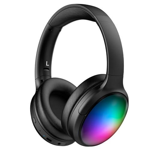 ONITOON Bluetooth Headphone with Cool RGB Light, Foldable Lightweight Wireless Over Ear Headphone, 90° Rotatable Earcups, HiFi Stereo with Deep Bass Audio for Travel, iPad Cellphone Laptop PC