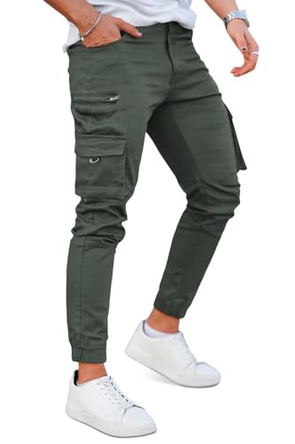 Cargo Joggers for Men Slim Fit Stretch Tapered Pants with Pockets(Army Green,32)