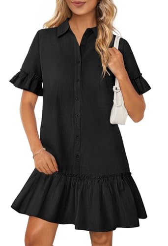 MEROKEETY Women's Summer Button Down Shirt Dress Casual Ruffle Sleeve Shift Mini Dresses with Pockets, Black, Large