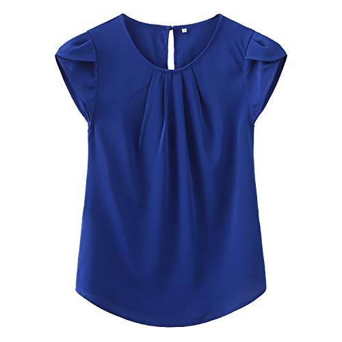 TASAMO Women's Casual Round Neck Basic Pleated Top Cap Sleeve Curved Keyhole Back Chiffon Blouse (Large, Royal Blue)