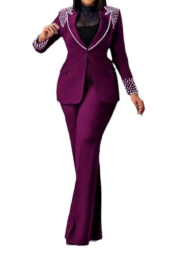 Tcremisa Womens Fashion Pants Suit 2 Piece Business Outfits Pearls Long Sleeve Blazer and Slim Fit Pants Sets Purple