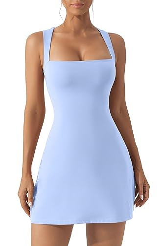 QINSEN Women's Low Cut Neck Square Front Dress Plus Size Summer Mini Dress Airy Blue XL