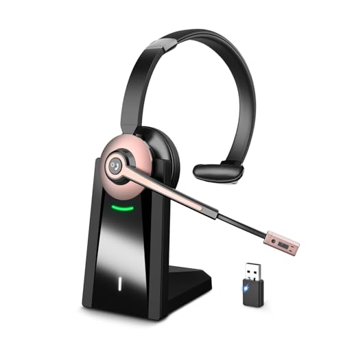 Wireless Headset with Mic for Work, Bluetooth Headset with Microphone Noise Cancelling & Mic Mute, Wireless Headphones with USB Dongle & Charging Base for Work/ Home/Computer/Call Center/Office/Zoom