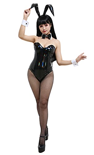 Cosplay.fm Women's Bunny Girl One Piece Bodysuit Japanese Style Bunny Cosplay Costume with Headdress and Bow Accessory (M, Rainbow reflective black)