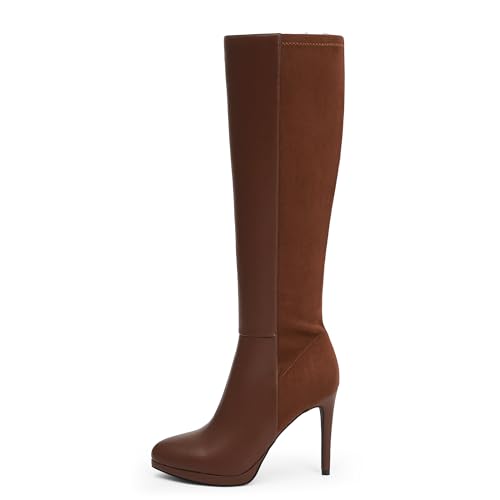 Modatope Brown Knee High Platform Boots for Women Round Toe Tall Boots Stiletto Heel Long Boots Zipper Platform Brown Boots Size 8.5