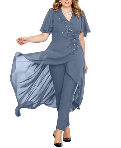 Mother of The Bride Dresses Pant Suits Jacket Pant Sets Ruffled Layers Wedding Guest Dresses mis17 Dusty Blue 20W