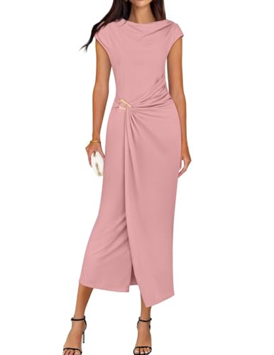 ZESICA Women's 2025 Summer Mock Neck Casual Bodycon Dress Cap Sleeve Elegant Cocktail Party Long Midi Dresses,Pink,Small