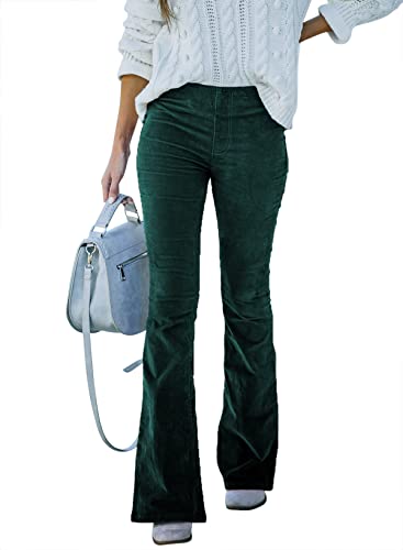 Sidefeel Women's Corduroy Flare Pants Elastic Waist Bell Bottom Trousers Medium Green