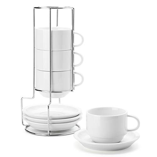 Sweese 8 Ounce Porcelain Stackable Cappuccino Cups with Saucers and Metal Stand - for Specialty Coffee Drinks, Cappuccino, Latte, Americano and Tea - Set of 4, White