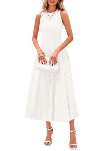 PRETTYGARDEN Spring Casual Dresses for Women 2025 Summer Business Work Midi Sleeveless A Line Pleated Cocktail Dress(White,Small)
