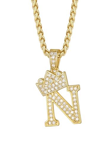 Richsteel Crown Pendant Necklace For Women Men Initial Letter N Pendant with Chain 22' Hip Hop hippie Alphabet Fashion Jewelry
